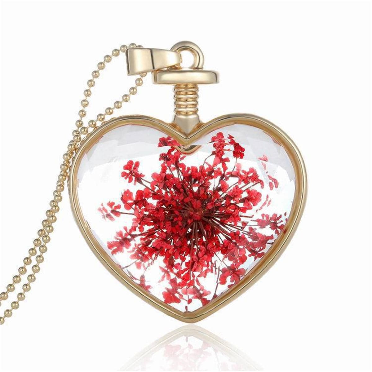 Red Pressed Gypsophila & 18K Gold-Plated Heart Pendant Necklace