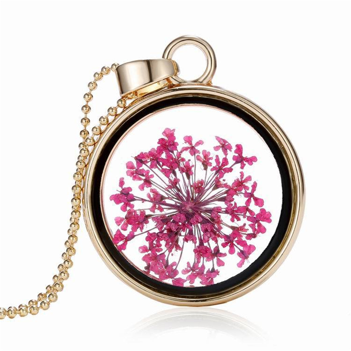 Pink Gypsophila & Resin Round Pendant Necklace