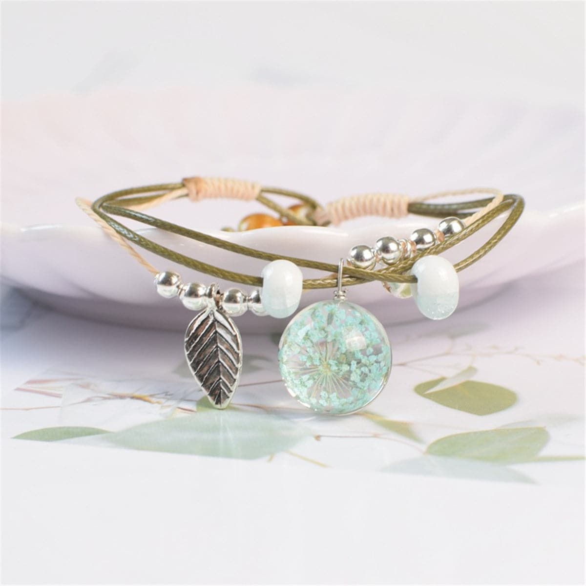 Blue Gypsophila & Silver-Plated Feather Bell Charm Bracelet