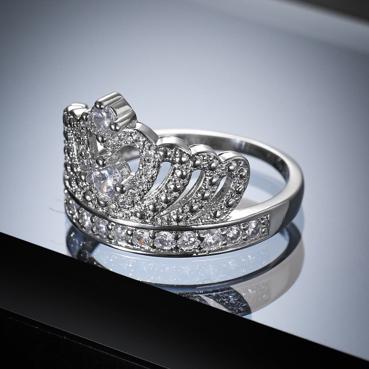 Cubic Zirconia & Silver-Plated Crown Band Ring