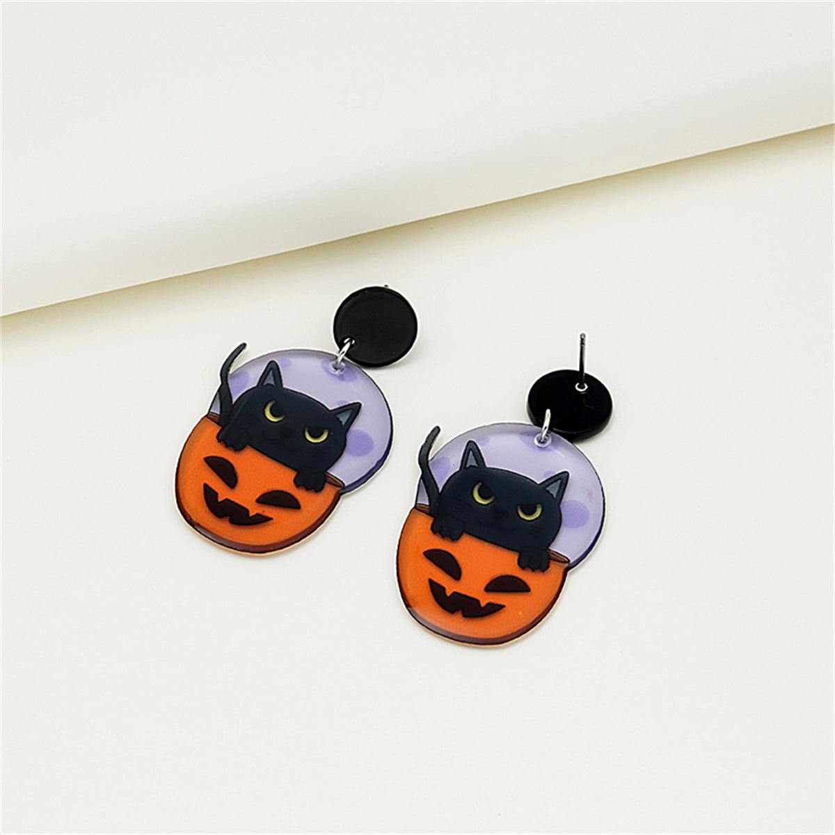 Purple & Black Cat Pumpkin Drop Earrings