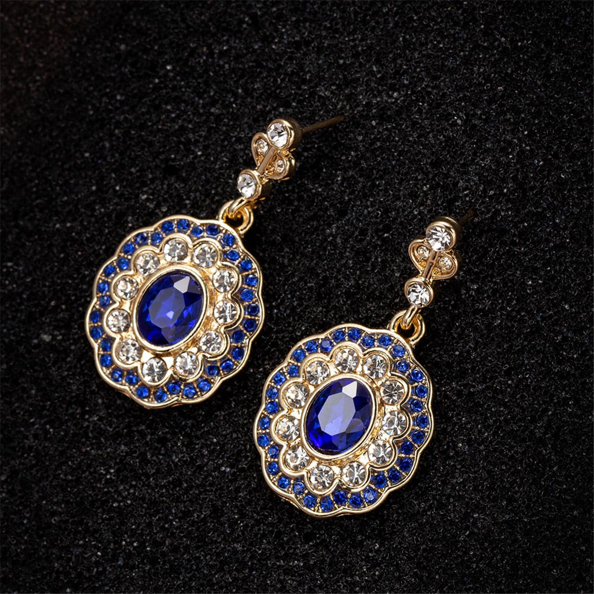 Blue Crystal & Cubic Zirconia Floral Oval Halo Drop Earrings