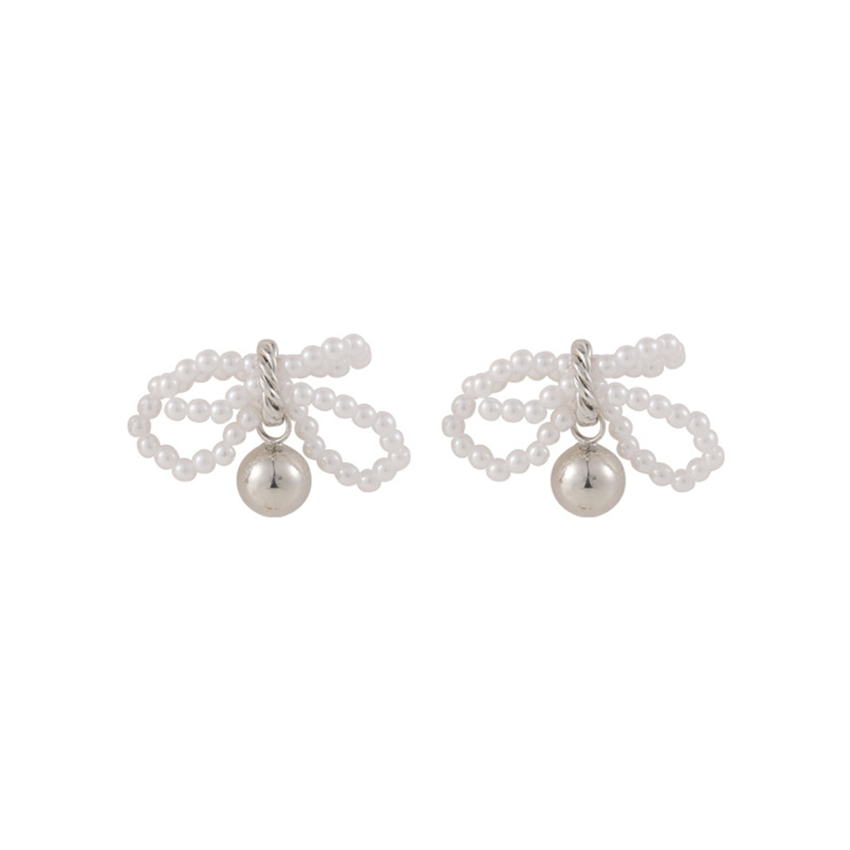 Pearl & Silver-Plated Beaded Bow Ball Drop Earrings