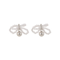 Pearl & Silver-Plated Beaded Bow Ball Drop Earrings