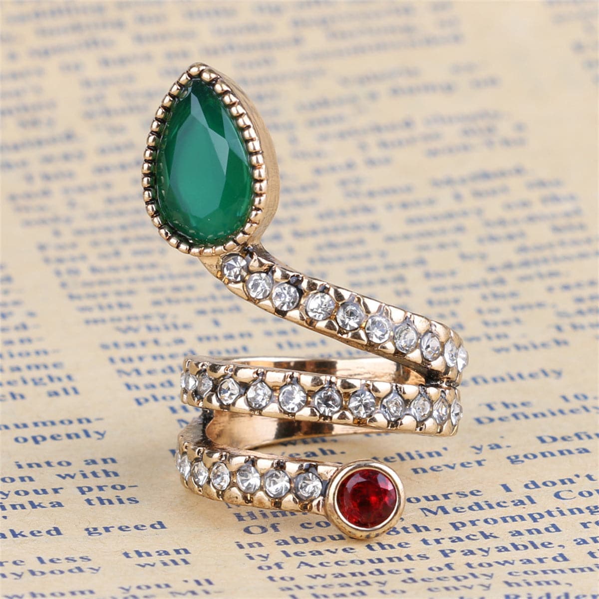 Green Crystal & Cubic Zirconia Snake Band Ring