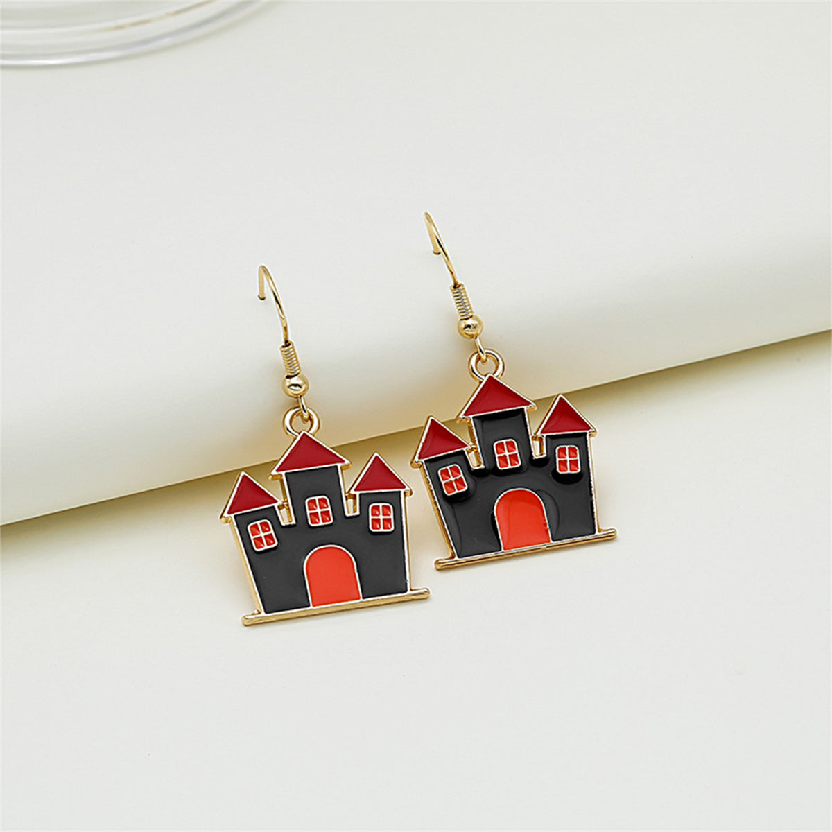 Red Enamel & 18K Gold-Plated Castle Drop Earrings