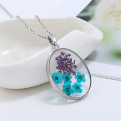 Blue Pressed Peach Blossom & Silver-Plated Oval Pendant Necklace