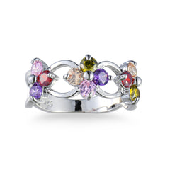 Purple Cubic Zirconia & Silver-Plated Floral Ring