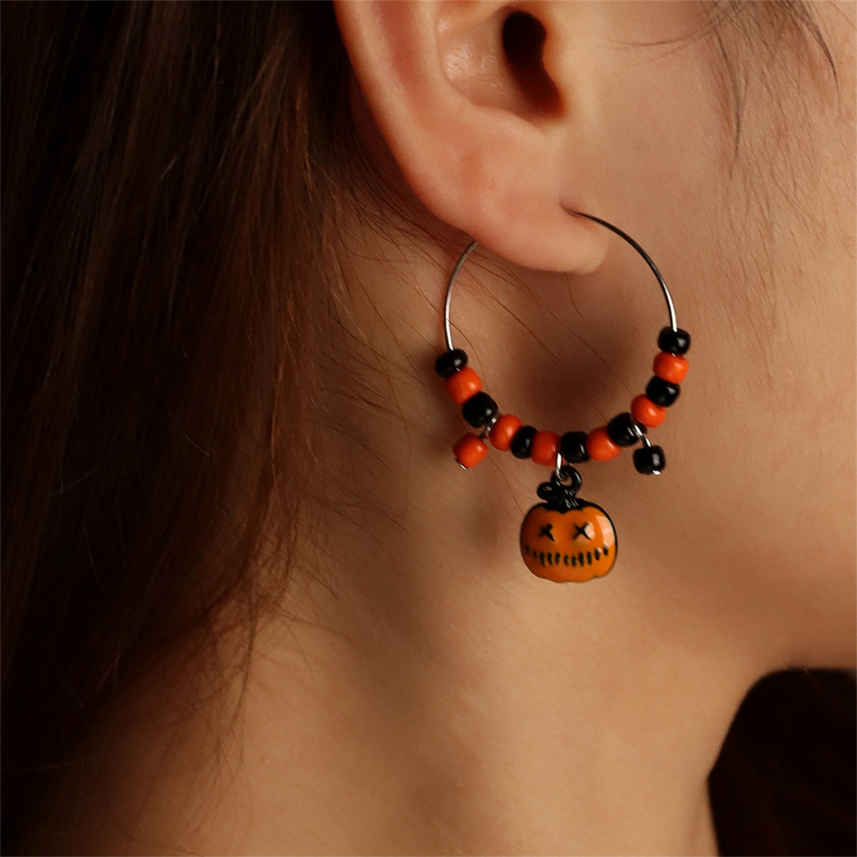 Orange Howlite & Silver-Plated Pumpkin Huggie Earrings