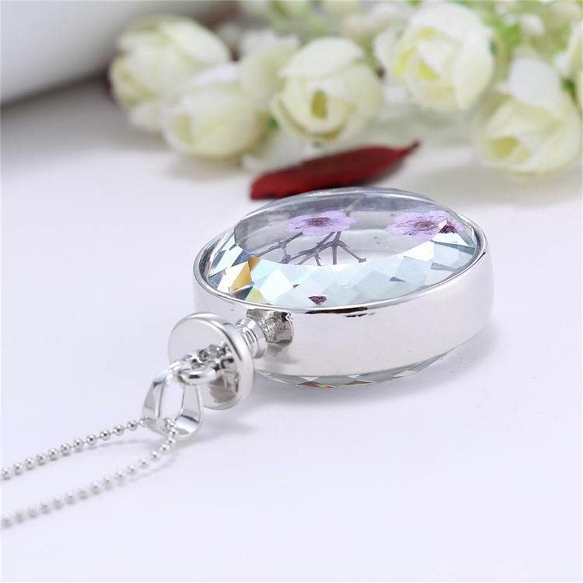 Purple Peach Flower & Silver-Plated Round Pendant Necklace