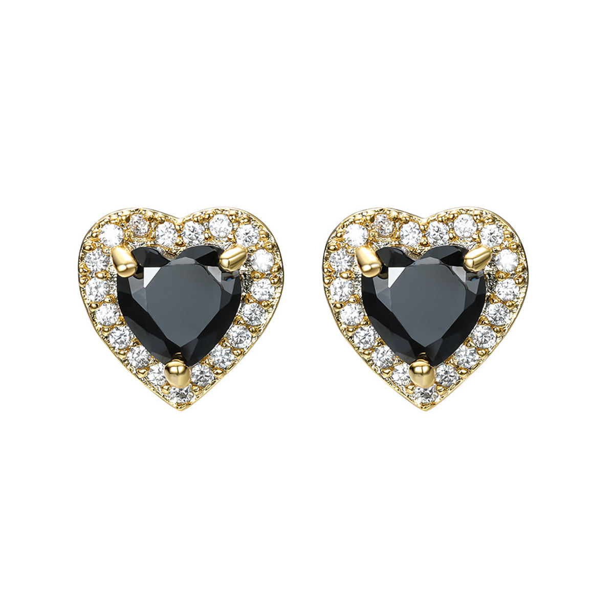 Black Crystal & Cubic Zirconia 18K Gold-Plated Halo Heart Stud Earrings