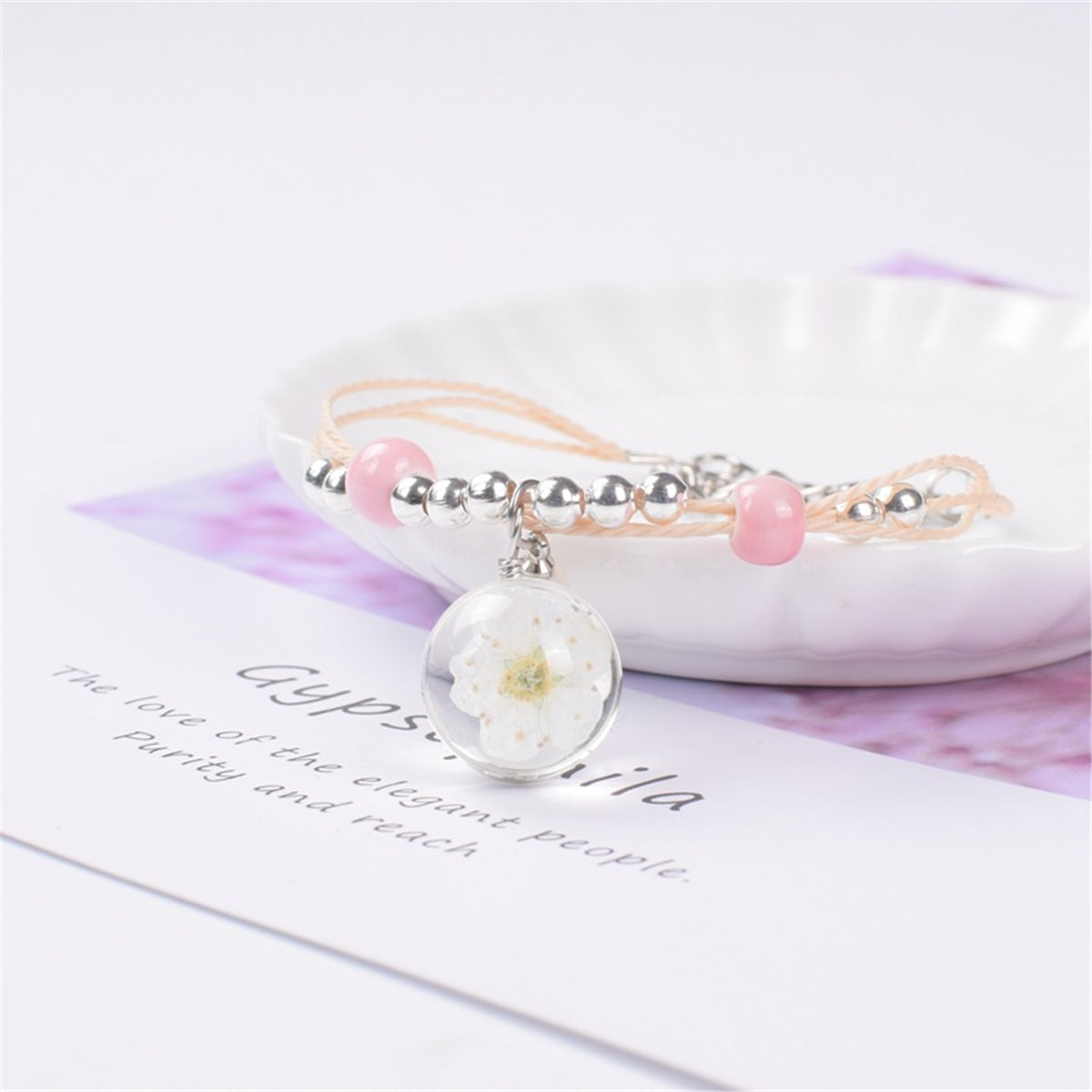 Peach Blossom & Pearl Beaded Charm Bracelet