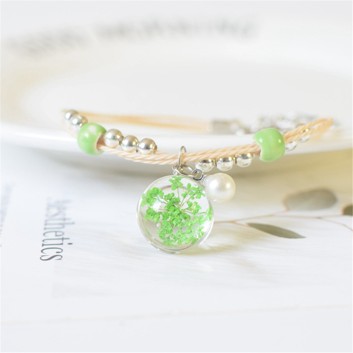 Green Gypsophila Pearl & Silver-Plated Charm Bracelet