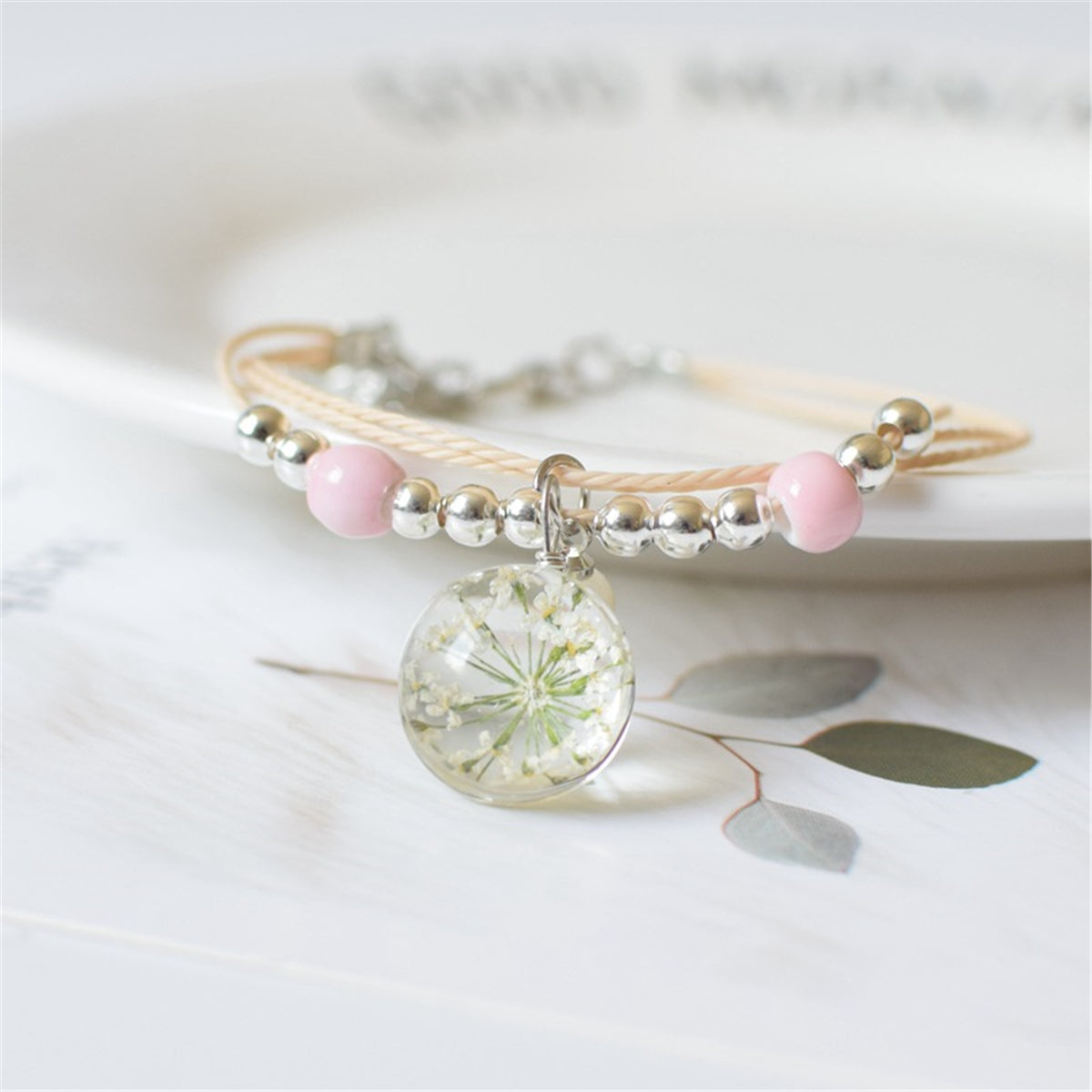 Ceramics & Gypsophila Resin Pearl Charm Bracelet