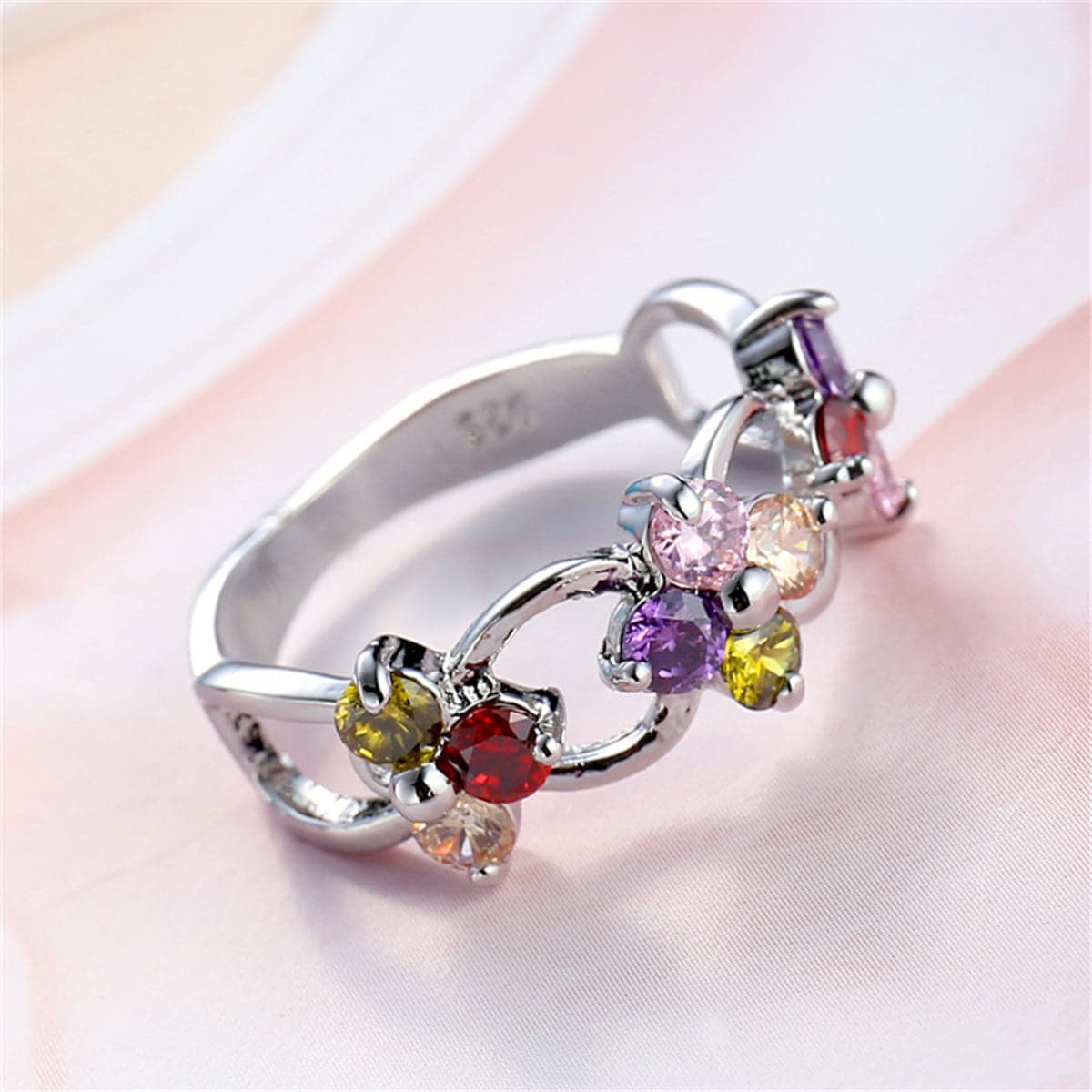 Purple Cubic Zirconia & Silver-Plated Floral Ring