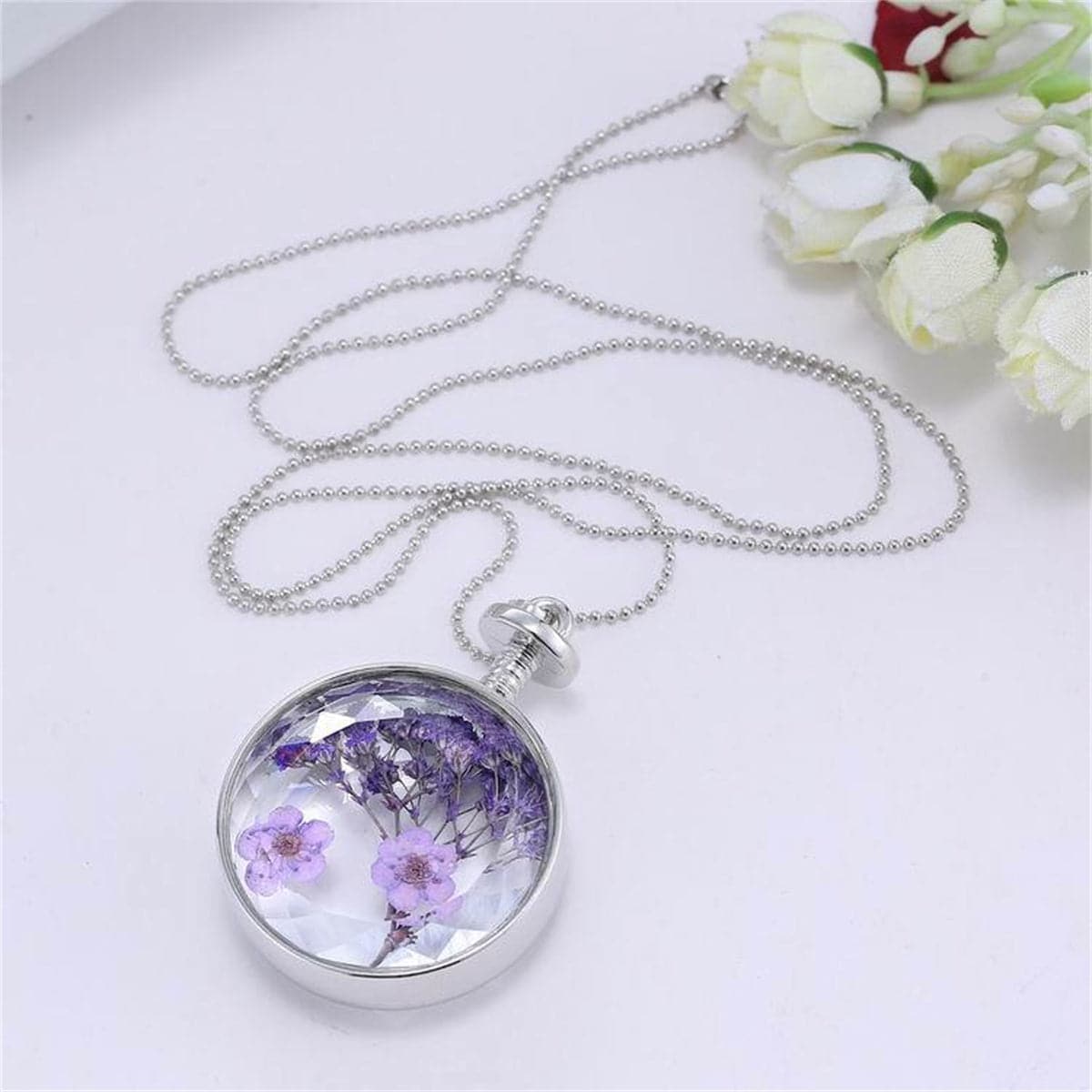 Purple Peach Flower & Silver-Plated Round Pendant Necklace