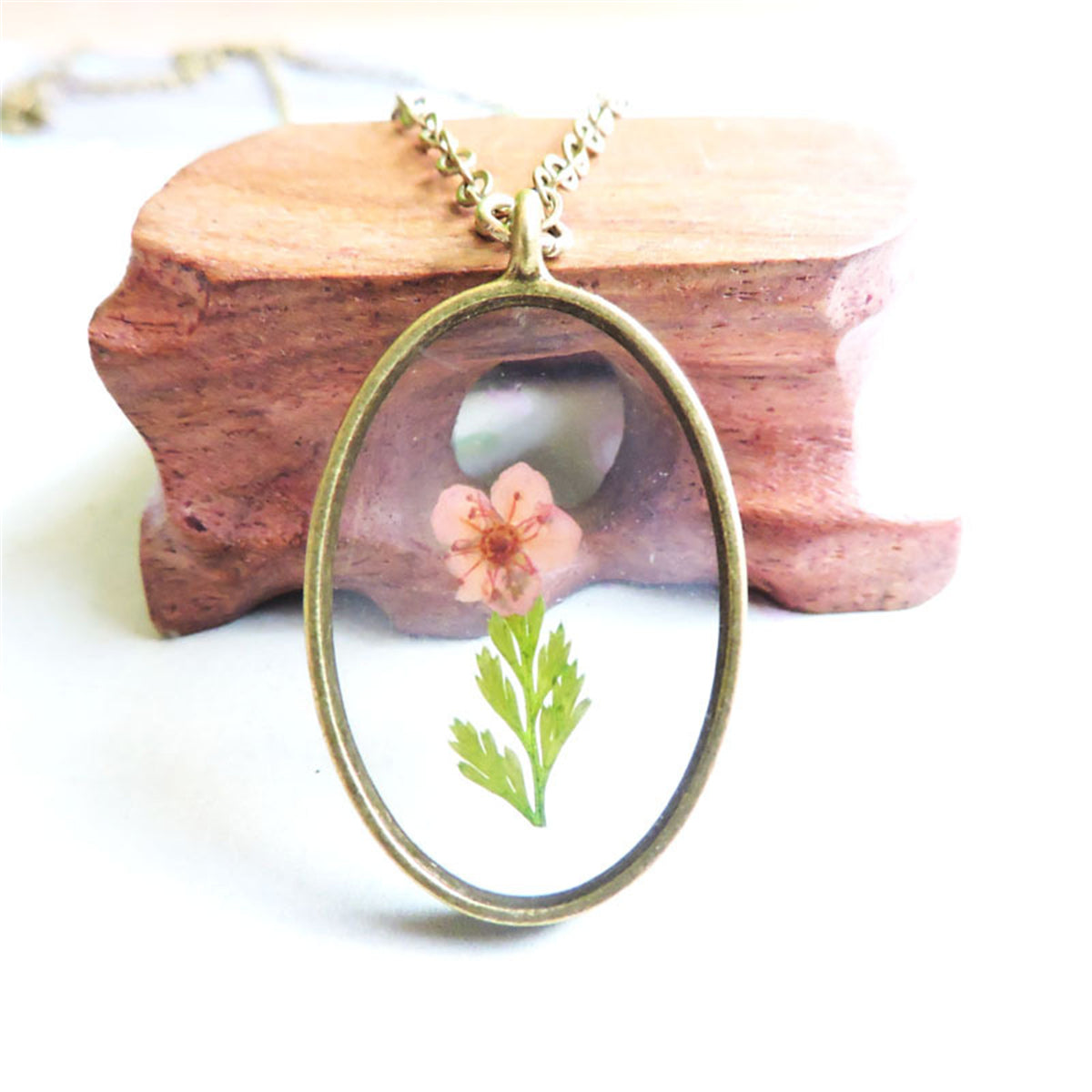 Pink Pressed Peach Blossom & 18K Gold-Plated Oval Pendant Necklace