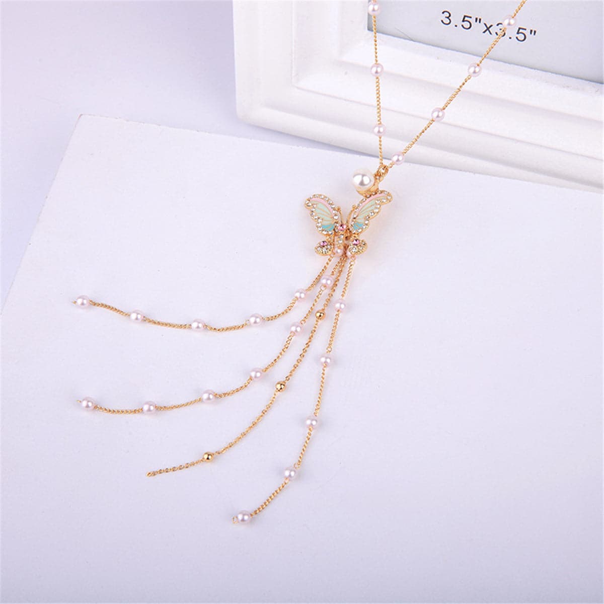 Pearl & Cubic Zirconia Enamel Butterfly Tassel Pendant Necklace