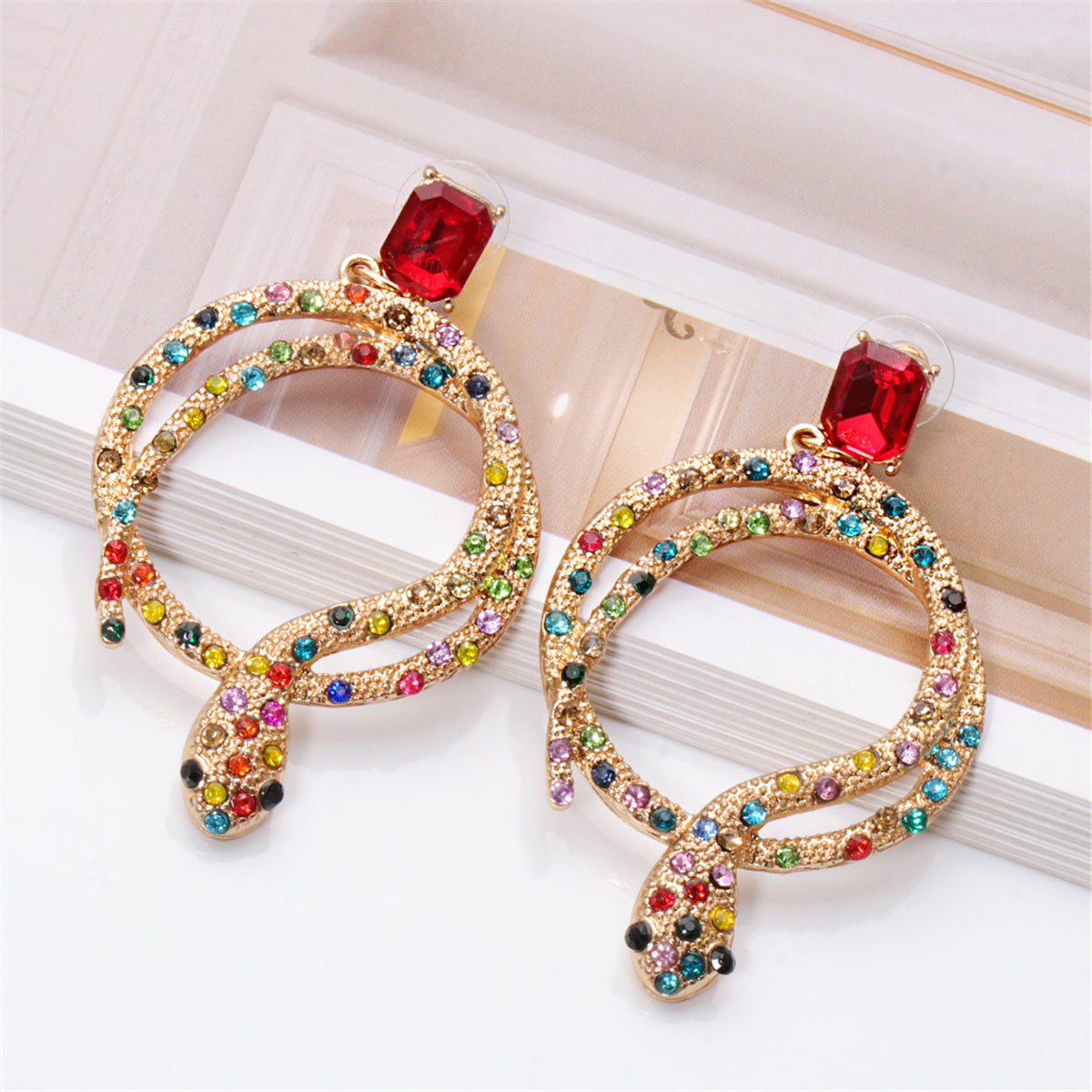 Red Crystal & Multicolor Cubic Zirconia Round Snake Drop Earrings