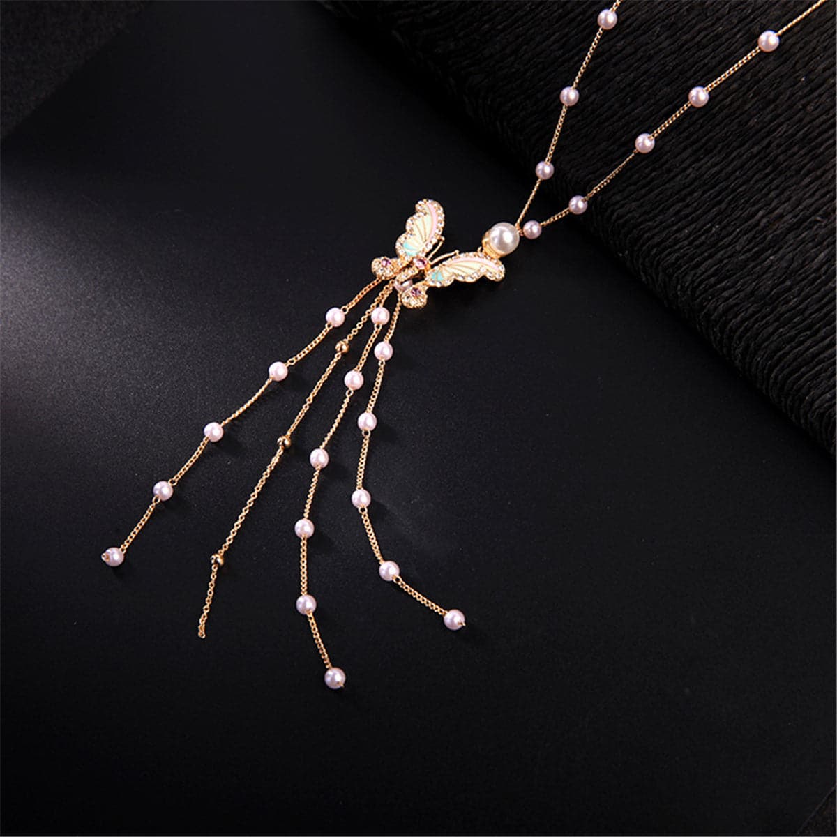 Pearl & Cubic Zirconia Enamel Butterfly Tassel Pendant Necklace