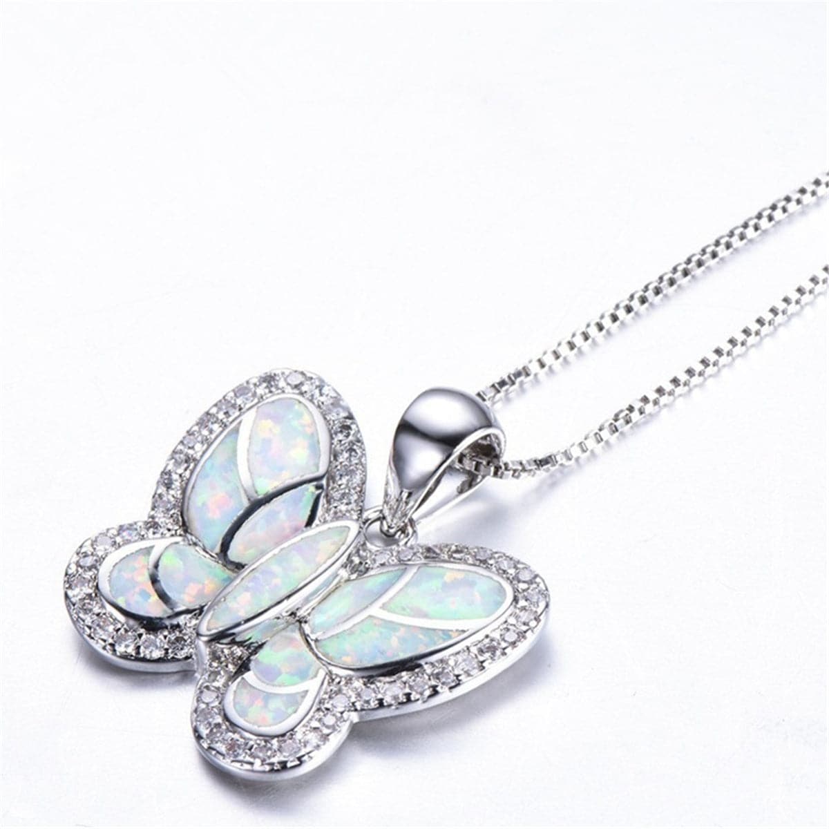 White Opal & Cubic Zirconia Butterfly Pendant Necklace