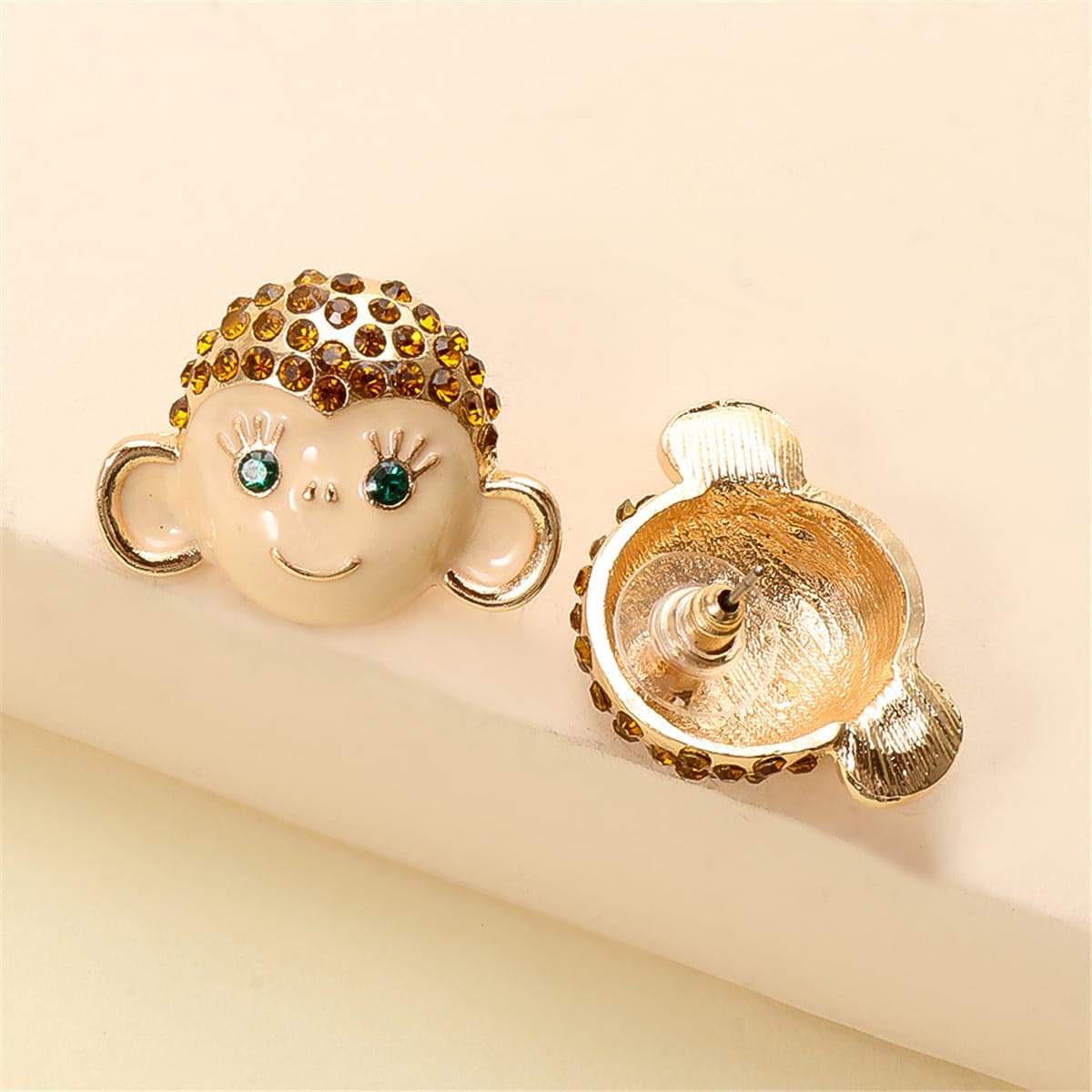 Cubic Zirconia & Enamel 18K Gold-Plated Monkey Stud Earrings