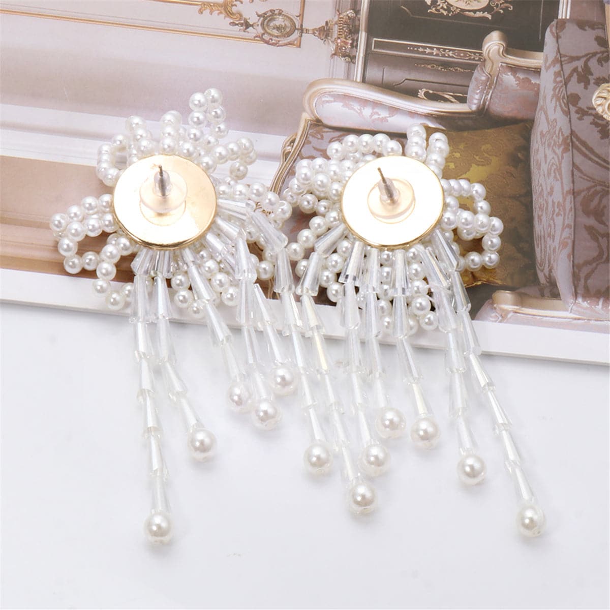 Pearl & Acrylic 18K Gold-Plated Flower Tassel Drop Earrings