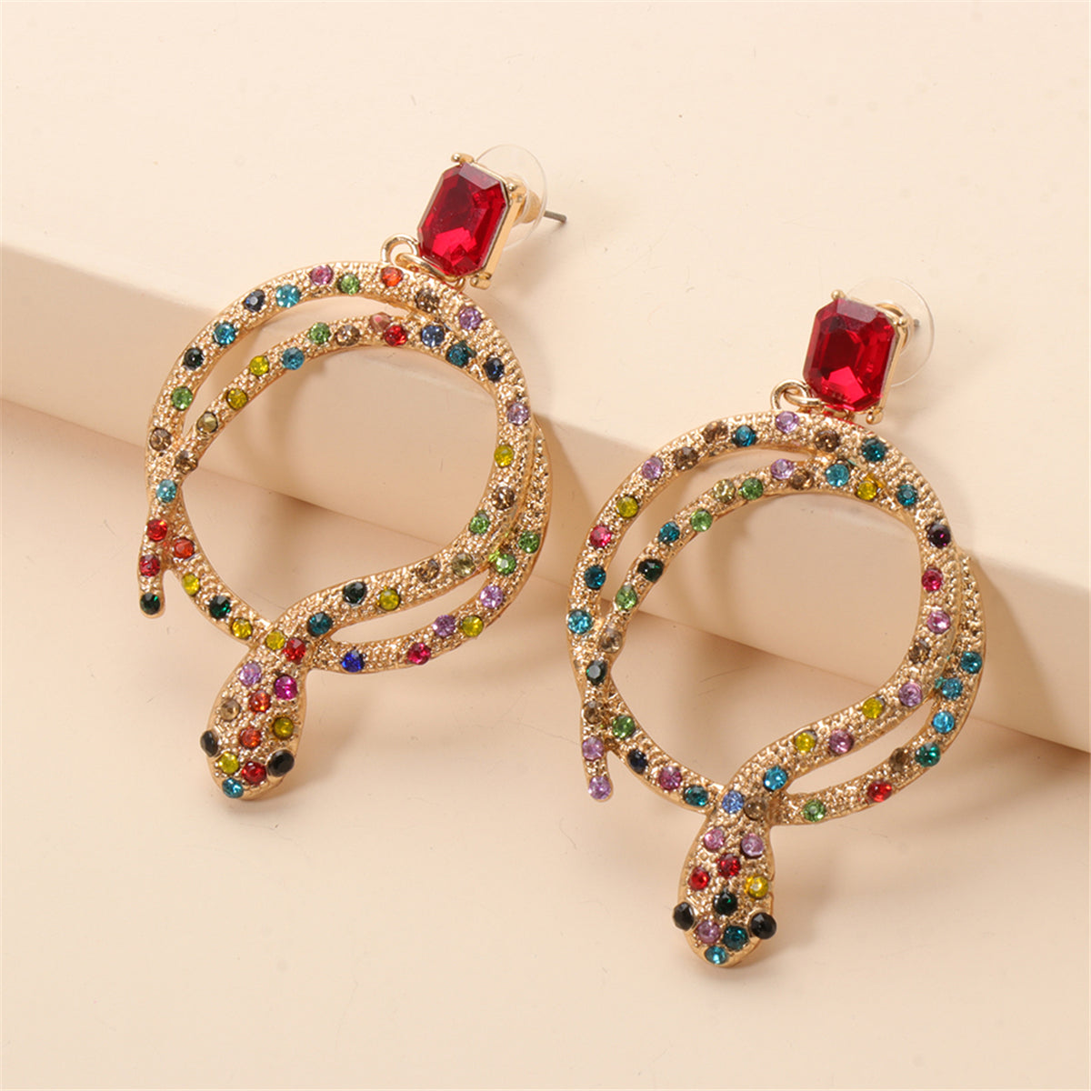 Red Crystal & Multicolor Cubic Zirconia Round Snake Drop Earrings