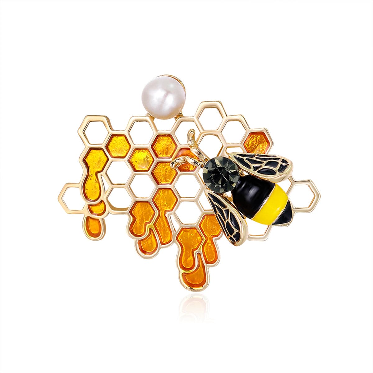 Black Cubic Zirconia & Yellow Enamel Pearl 18K Gold-Plated Bee & Honeycomb Brooch