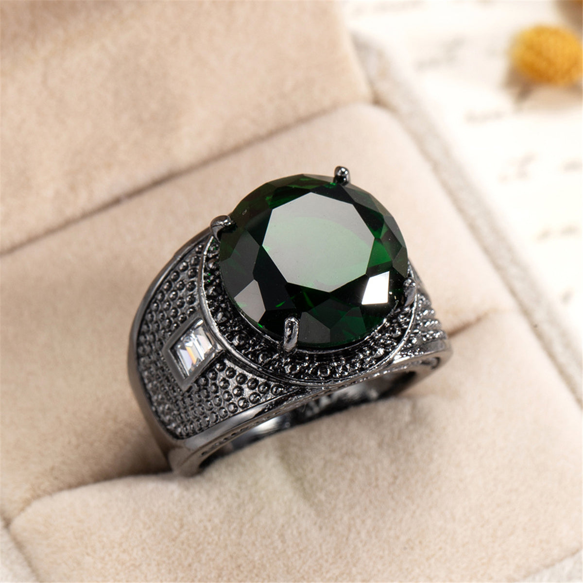 Green Crystal & Black-Tone Wide Ring