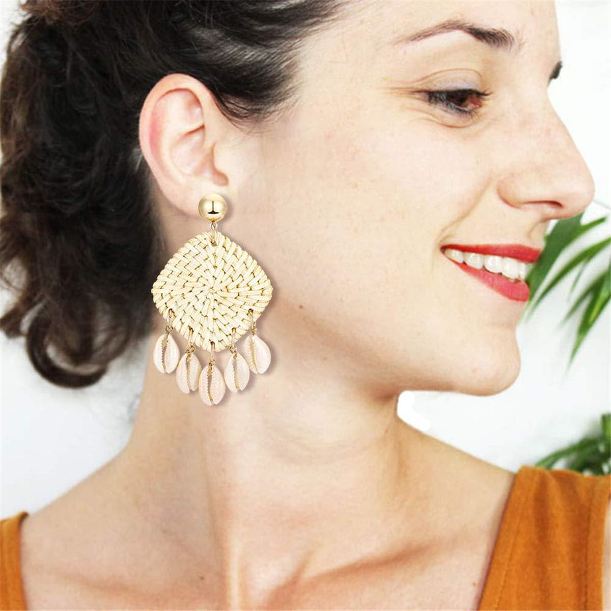 Shell & Rattan Rhombus Drop Earrings