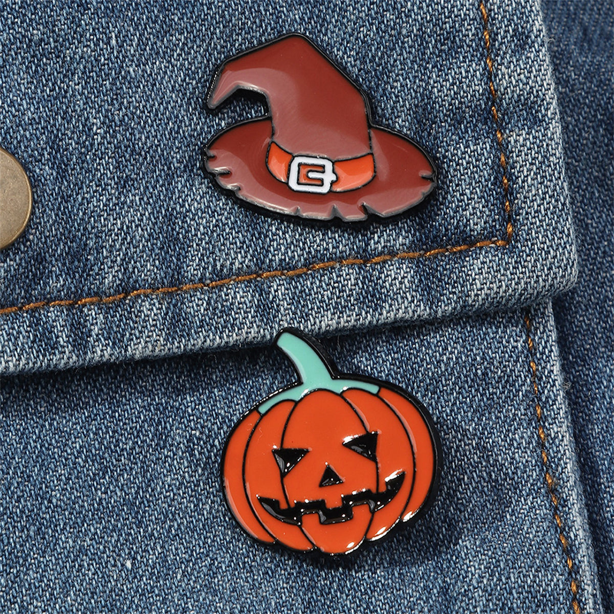 Enamel & Rhodium Plated Pumpkin Witch Hat Badge Set