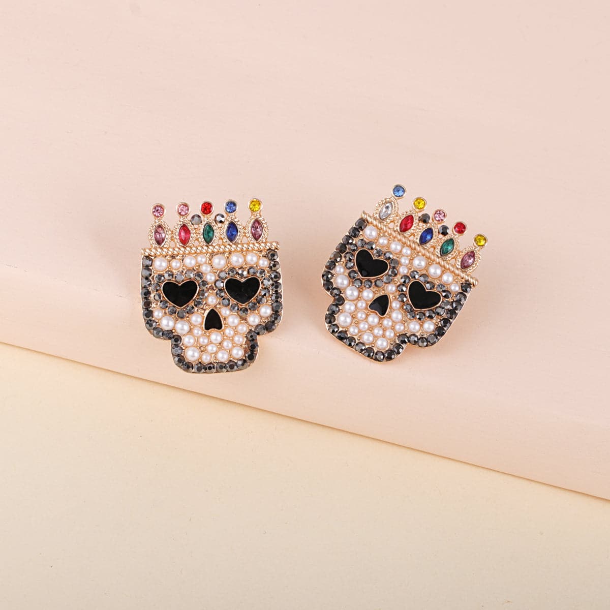 Red Multicolor Crystal & Cubic Zirconia Crowned Skull Stud Earrings