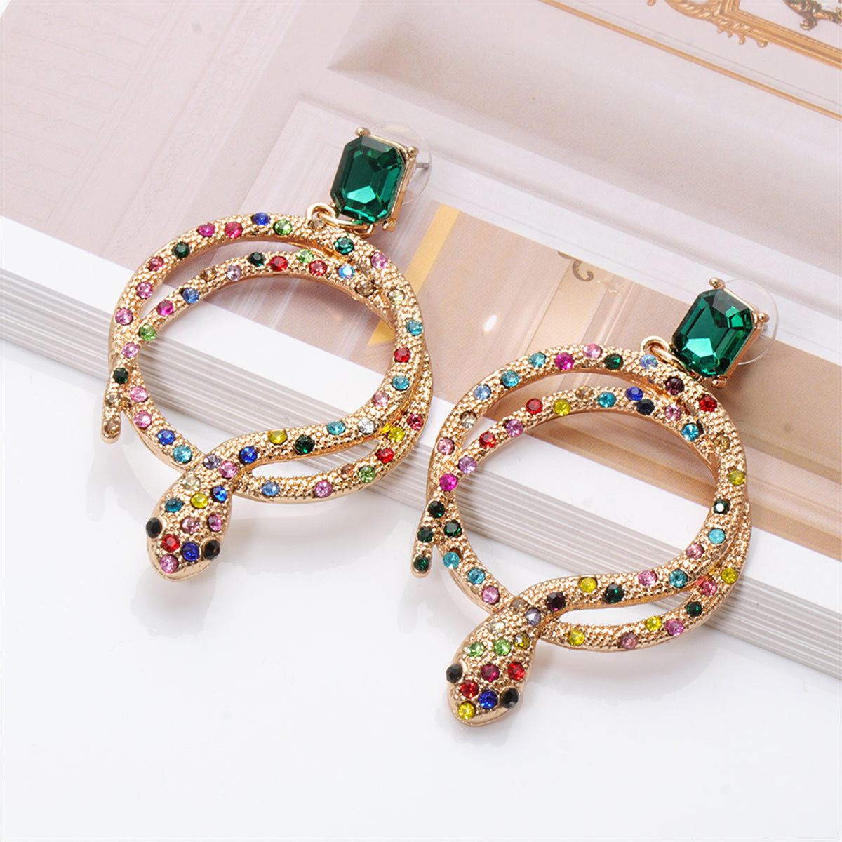 Green Crystal & Cubic Zirconia Coiled Snake Drop Earrings