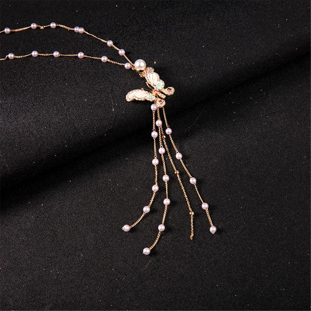 Pearl & Cubic Zirconia Enamel Butterfly Tassel Pendant Necklace