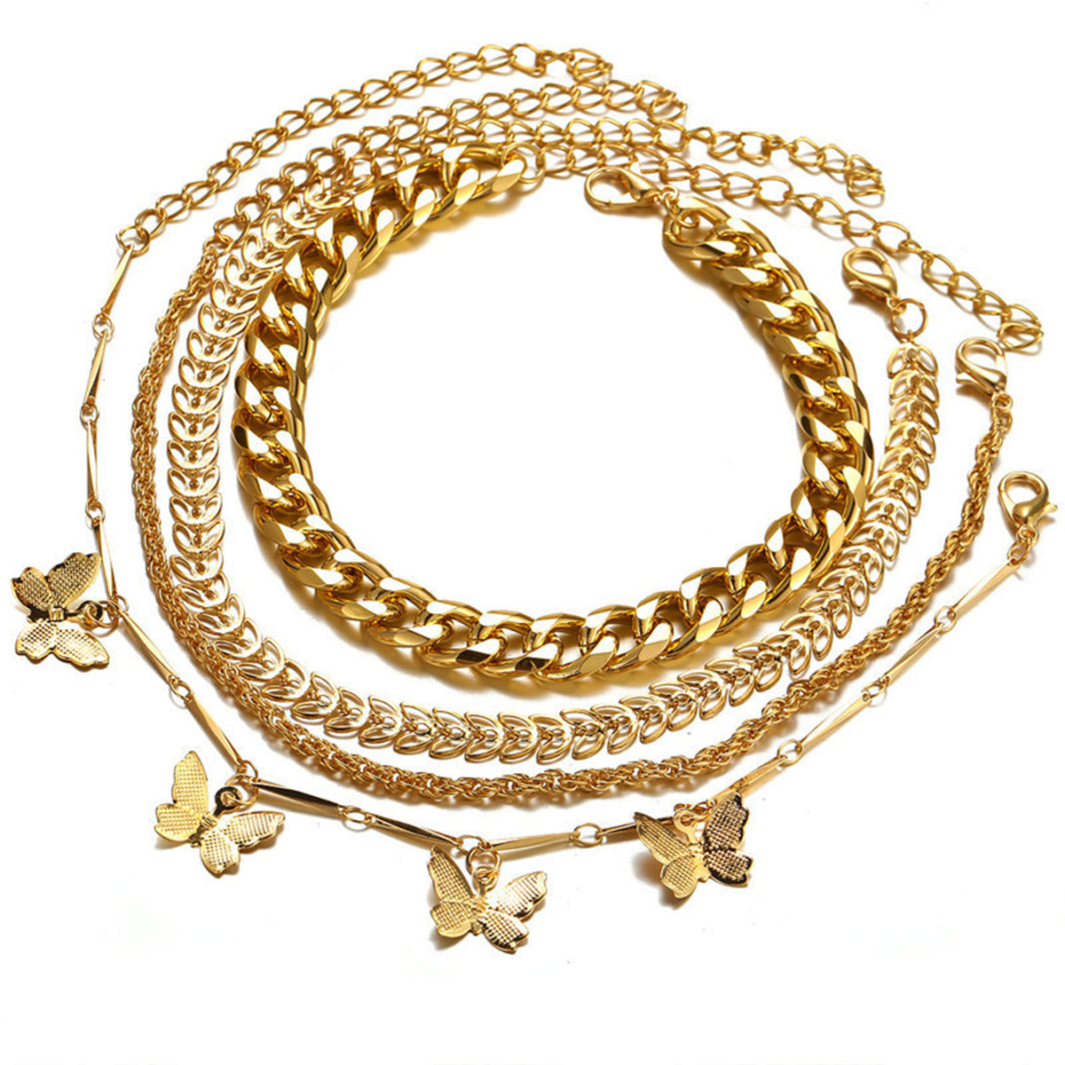 Stunning gold chain bracelet adorned with butterfly charms, showcasing 18K gold plating for a luxurious finish.