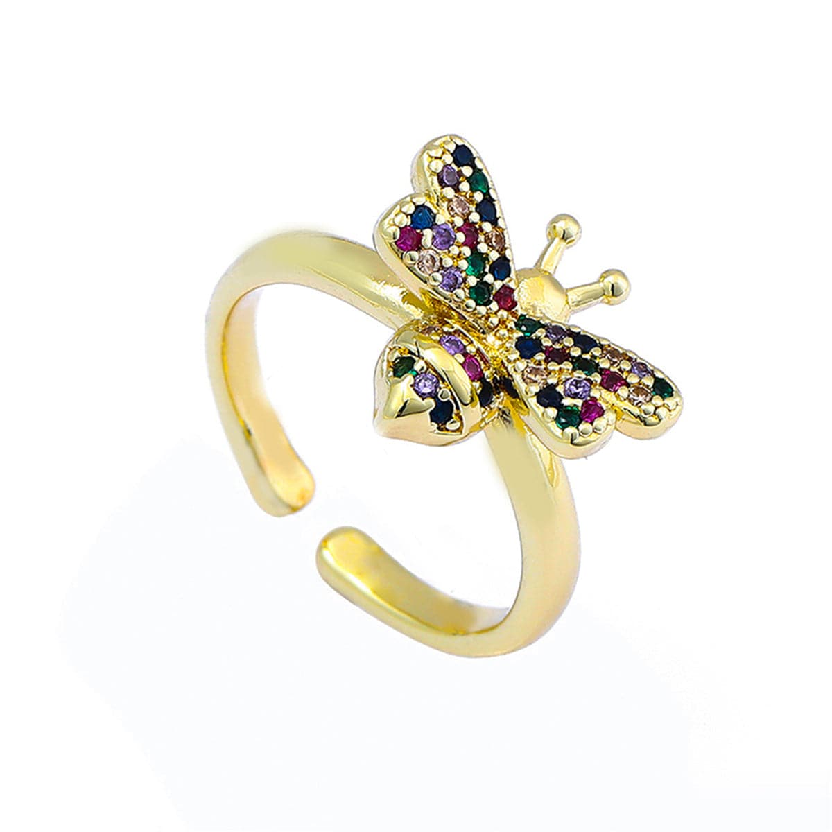 Rainbow Cubic Zirconia & 18K Gold-Plated Bee Open Ring