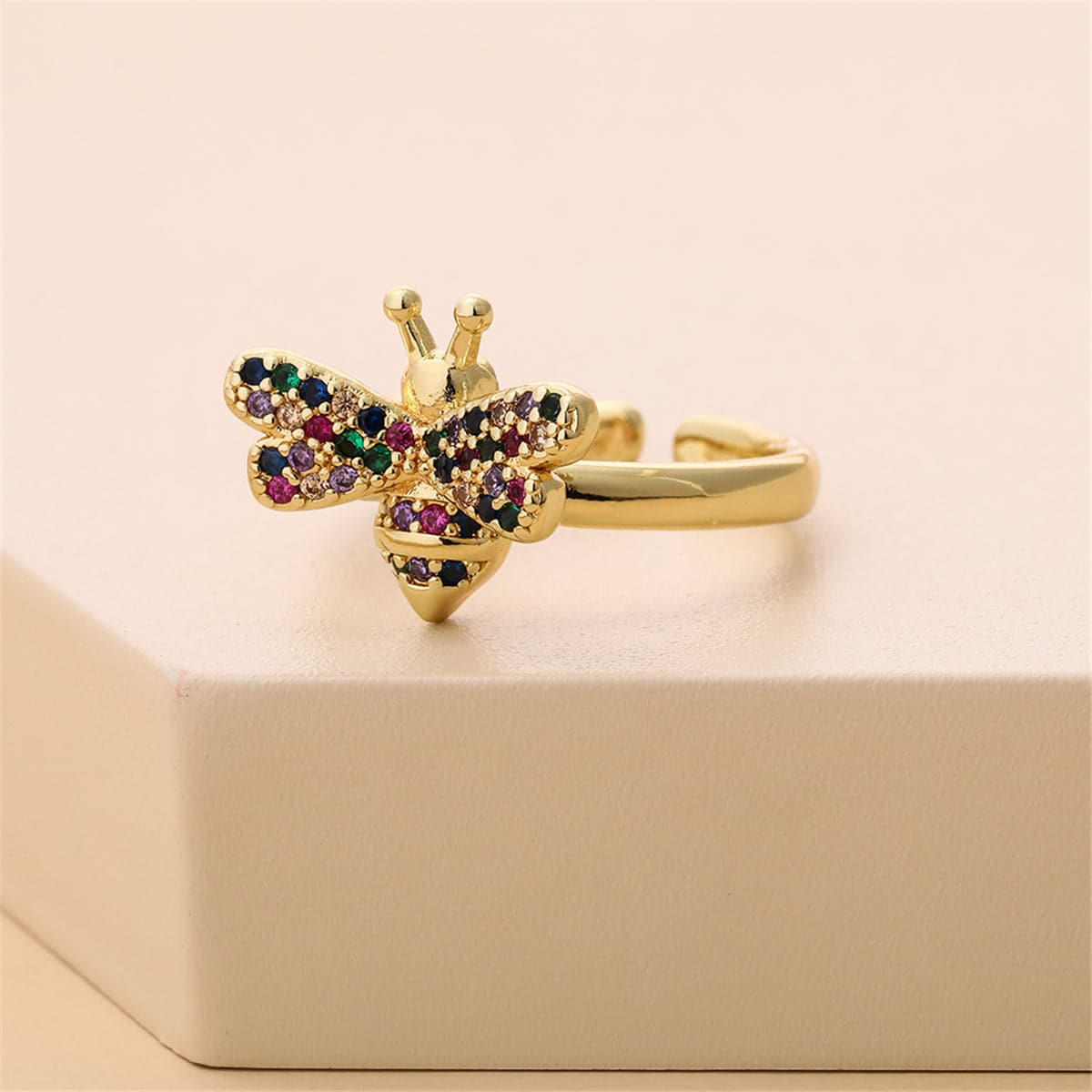 Rainbow Cubic Zirconia & 18K Gold-Plated Bee Open Ring