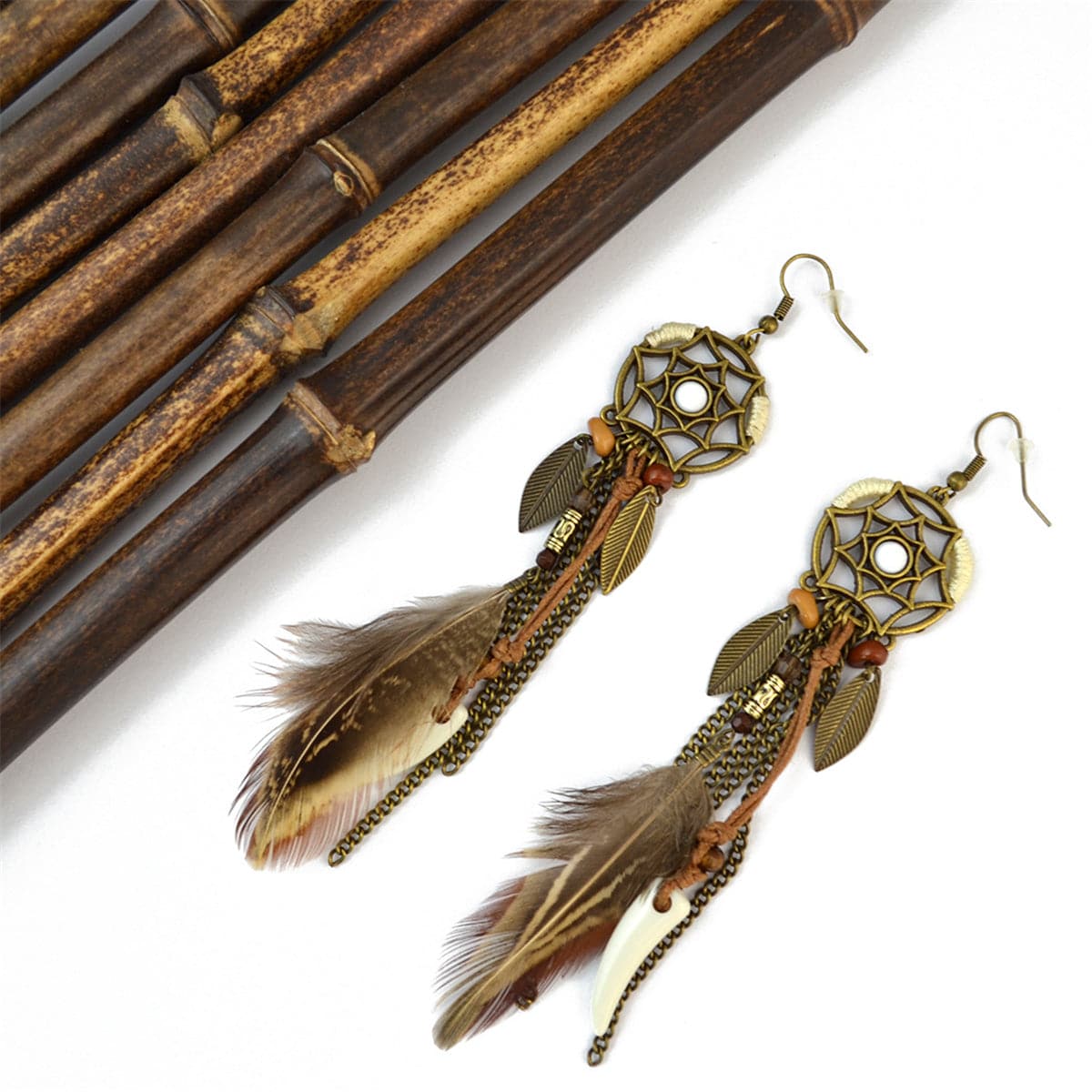 18k Gold-Plated Dream Catcher Feather Drop Earrings - streetregion