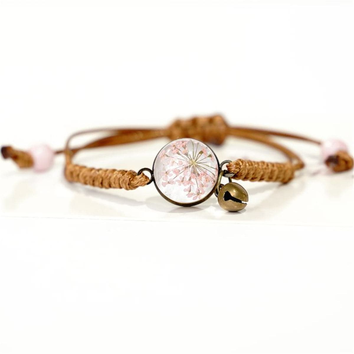 Pink Gypsophila & 18K Gold-Plated Bell Woven Charm Bracelet