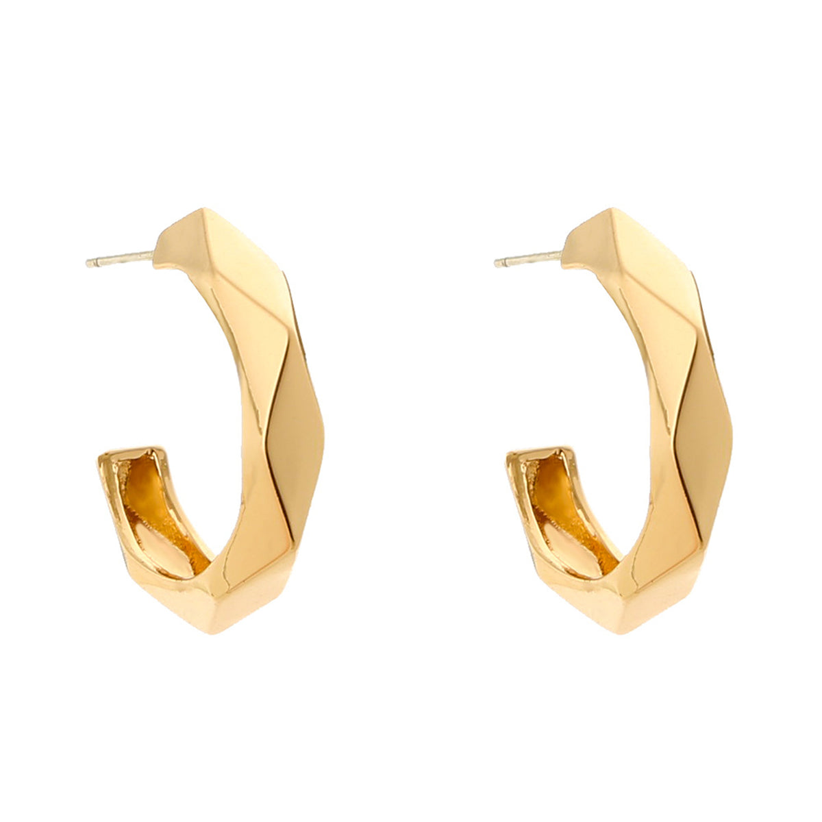 Elegant 18K gold-plated diamond-cut hoop earrings featuring unique geometric shapes for a modern touch.