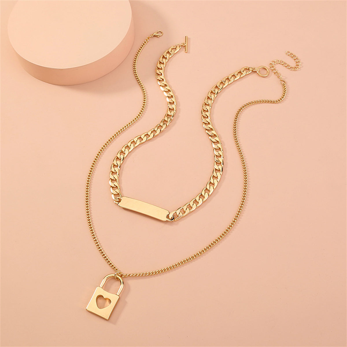 18K Gold-Plated Bar & Heart Lock Necklace Set