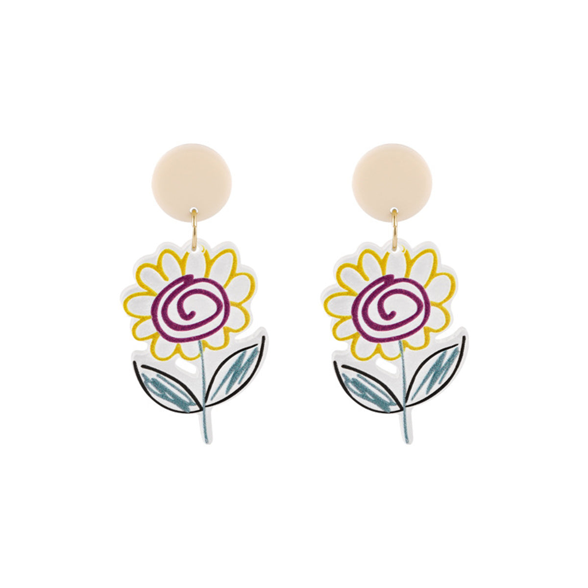 Yellow & Purple Acrylic & Enamel Flower Drop Earrings