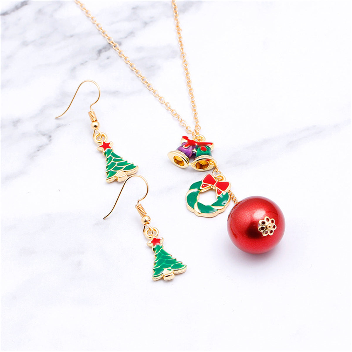 Green & 18K Gold-Plated Christmas Tree Earrings & Wreath Pendant Necklace