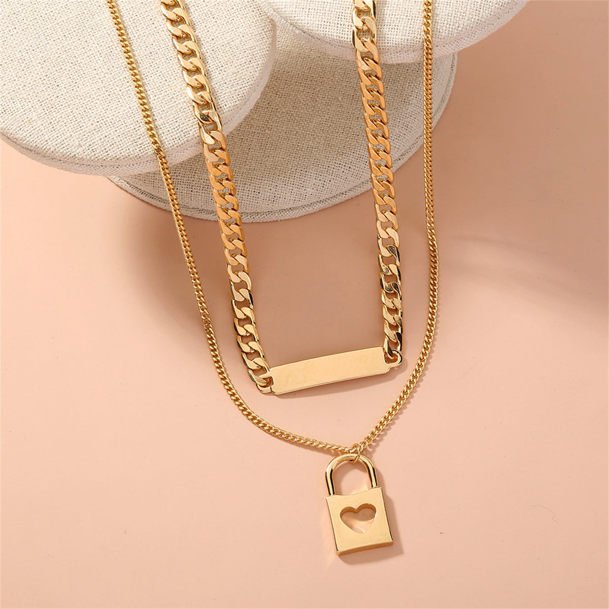 18K Gold-Plated Bar & Heart Lock Necklace Set