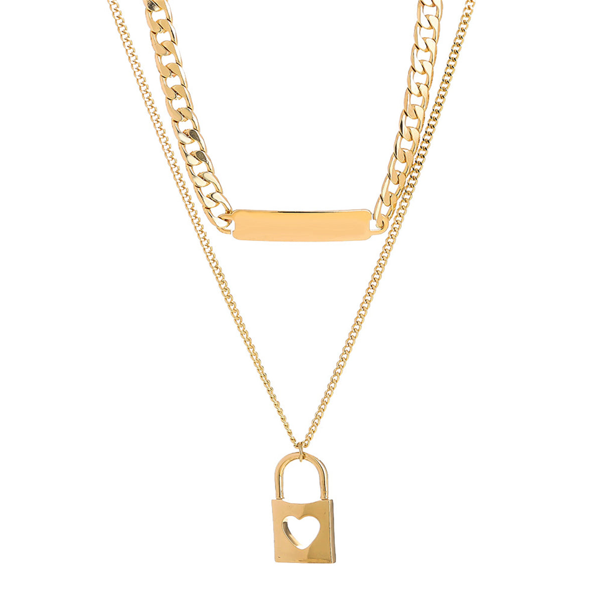 18K Gold-Plated Bar & Heart Lock Necklace Set