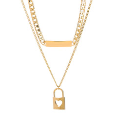 18K Gold-Plated Bar & Heart Lock Necklace Set