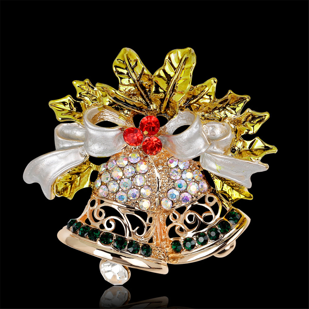 Cubic Zirconia & 18K Gold-Plated Botany Bow & Bell Brooch