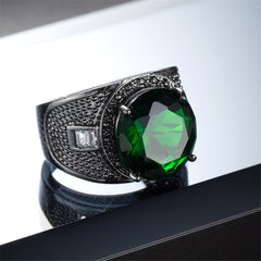 Green Crystal & Black-Tone Wide Ring