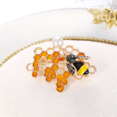 Black Cubic Zirconia & Yellow Enamel Pearl 18K Gold-Plated Bee & Honeycomb Brooch